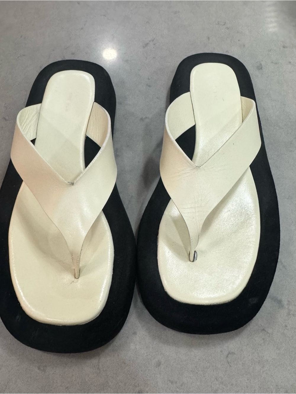 The Row Ginza Cream and Black Leather Sandals